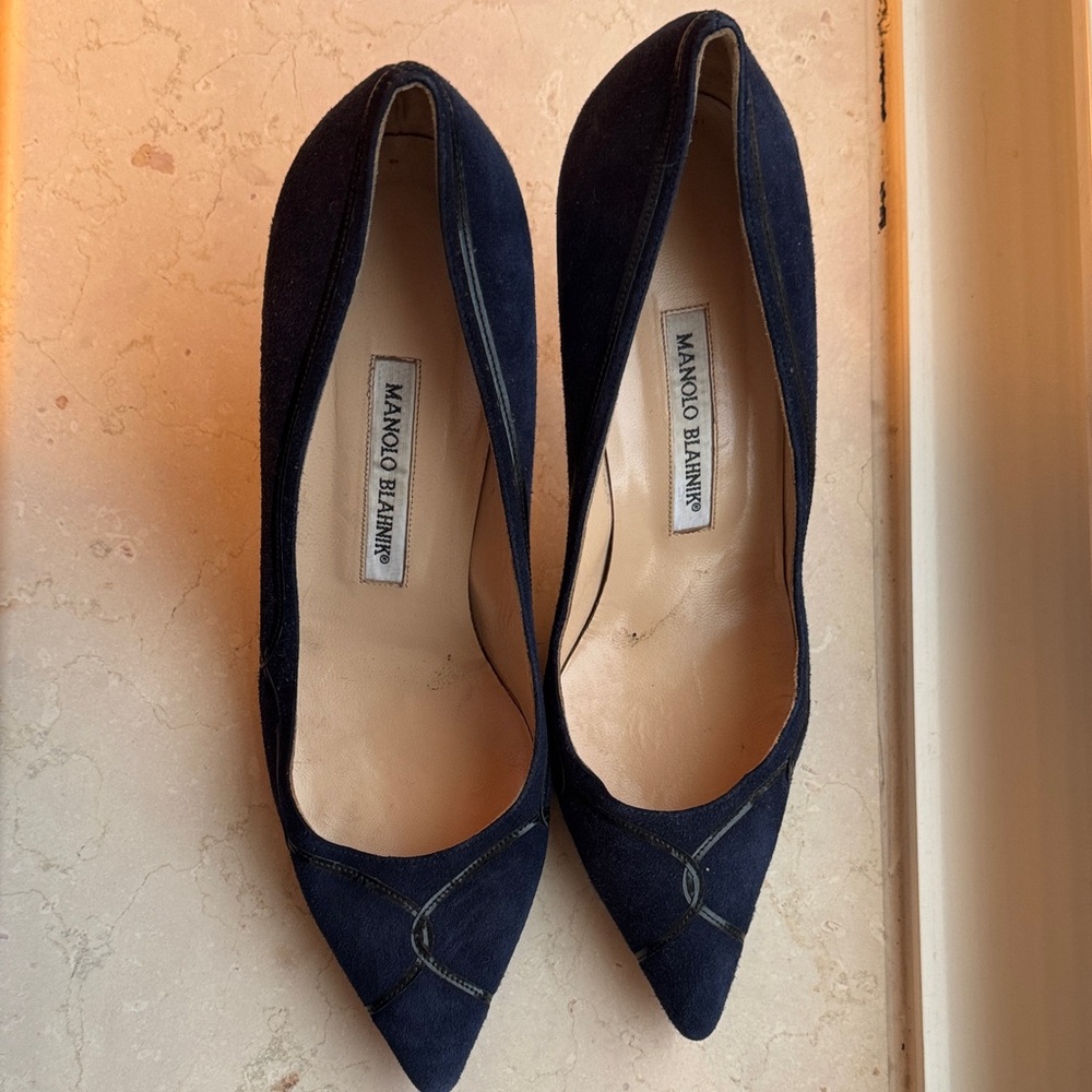Manolo Blahnik Navy Suede Pointed Pumps